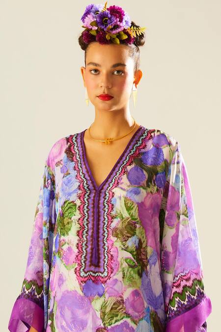 Rajdeep Ranawat_Purple Silk Floral V Neck Olivia Pattern Kaftan  _at_Aza_Fashions