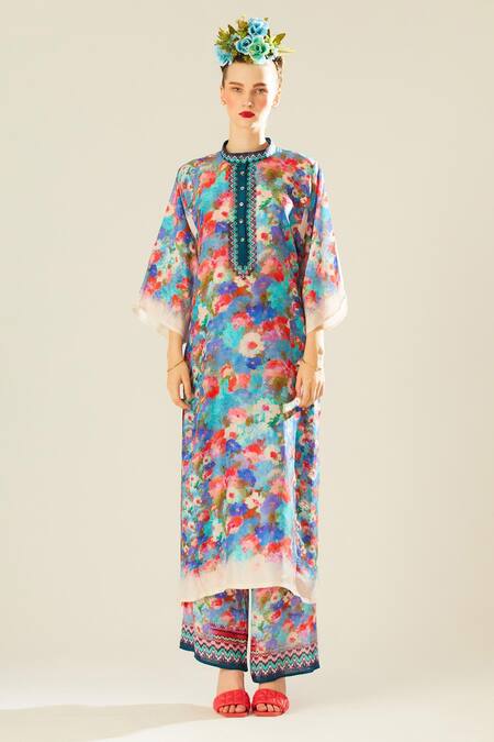 Rajdeep Ranawat_Blue Silk Pearls Bandeau Neck Ghazala Floral Print Long Tunic_Online_at_Aza_Fashions