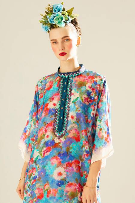 Shop_Rajdeep Ranawat_Blue Silk Pearls Bandeau Neck Ghazala Floral Print Long Tunic_Online_at_Aza_Fashions