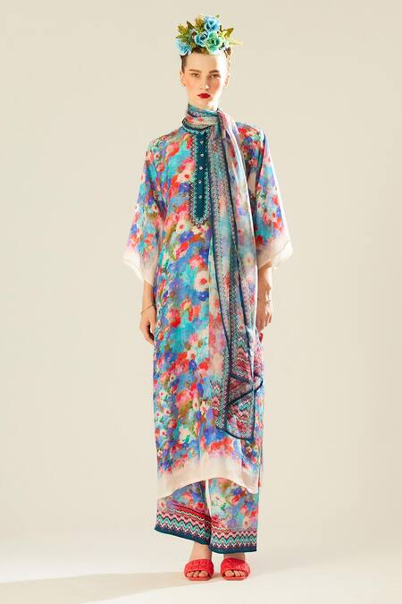 Rajdeep Ranawat_Blue Silk Pearls Bandeau Neck Ghazala Floral Print Long Tunic_at_Aza_Fashions