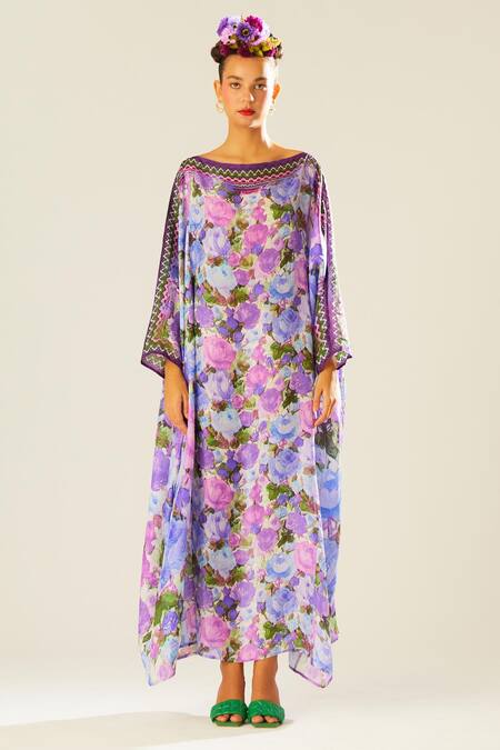 Rajdeep Ranawat_Purple Silk Boat Neck Aayat Floral Pattern Kaftan_Online_at_Aza_Fashions