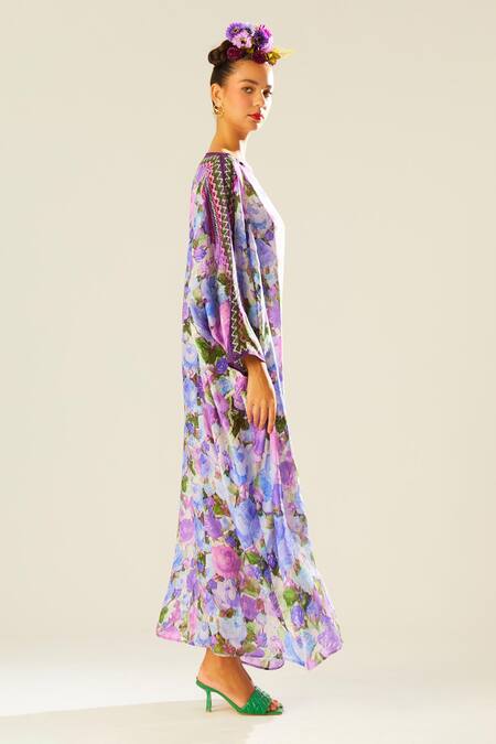 Shop_Rajdeep Ranawat_Purple Silk Boat Neck Aayat Floral Pattern Kaftan_Online_at_Aza_Fashions
