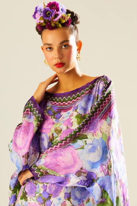Rajdeep Ranawat_Purple Silk Boat Neck Aayat Floral Pattern Kaftan_at_Aza_Fashions