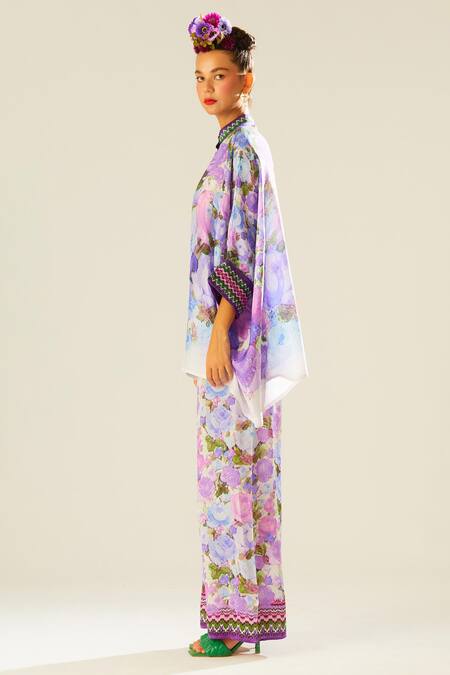 Buy_Rajdeep Ranawat_Purple Silk Embroidery Bandeau Neck Chanel Flower Print Top_Online_at_Aza_Fashions