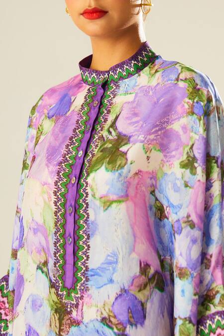 Rajdeep Ranawat_Purple Silk Embroidery Bandeau Neck Chanel Flower Print Top_at_Aza_Fashions