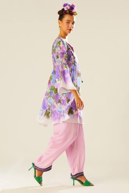 Buy_Rajdeep Ranawat_Purple Silk Keyhole Neck Pankti Floral Print Top_Online_at_Aza_Fashions