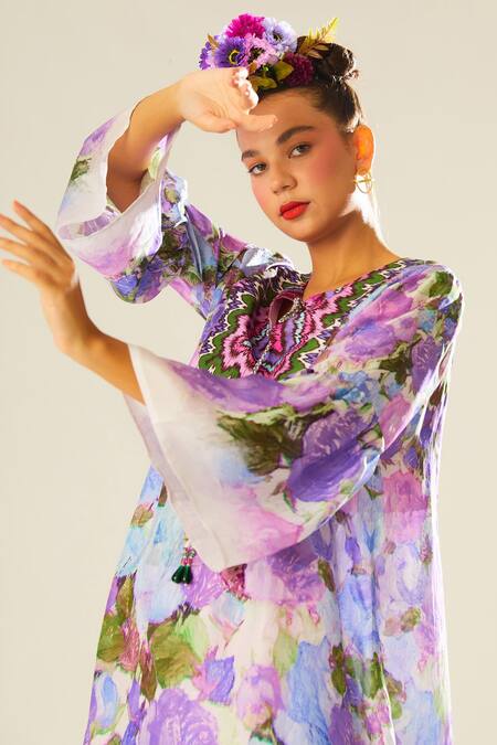Shop_Rajdeep Ranawat_Purple Silk Keyhole Neck Pankti Floral Print Top_Online_at_Aza_Fashions