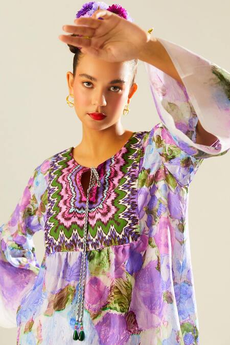 Rajdeep Ranawat_Purple Silk Keyhole Neck Pankti Floral Print Top_at_Aza_Fashions