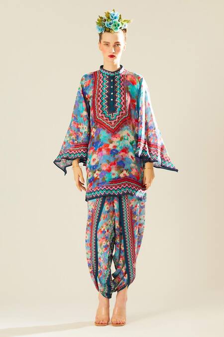 Rajdeep Ranawat_Blue Silk Floral Band Nylla Pattern Tunic  _Online_at_Aza_Fashions