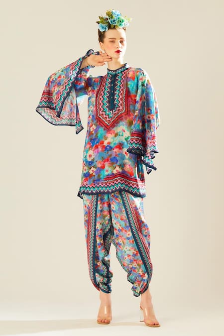 Buy_Rajdeep Ranawat_Blue Silk Floral Band Nylla Pattern Tunic  _Online_at_Aza_Fashions