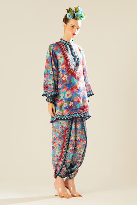 Shop_Rajdeep Ranawat_Blue Silk Floral Band Nylla Pattern Tunic  _Online_at_Aza_Fashions
