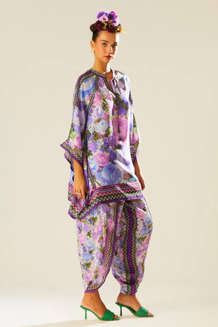 Buy_Rajdeep Ranawat_Purple Silk Mandarin Collar Ramona Floral Pattern Poncho Top_Online_at_Aza_Fashions