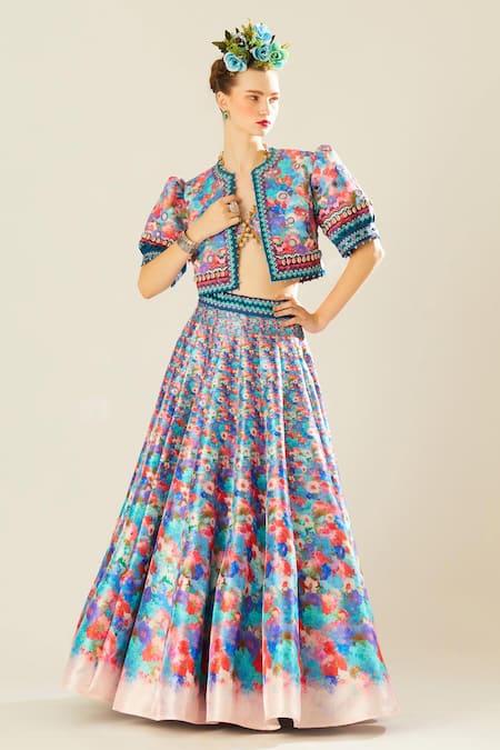 Rajdeep Ranawat_Blue Satin, Denim Mirrors, Beads Leela Floral Print Lehenga Set With Jacket_Online_at_Aza_Fashions