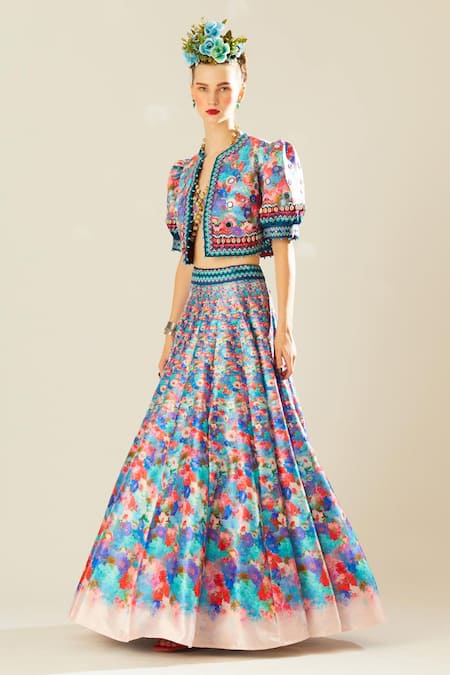 Buy_Rajdeep Ranawat_Blue Satin, Denim Mirrors, Beads Leela Floral Print Lehenga Set With Jacket_Online_at_Aza_Fashions