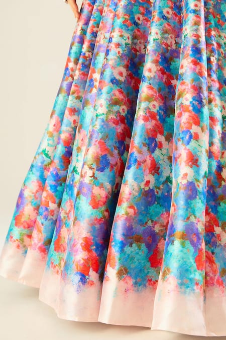 Shop_Rajdeep Ranawat_Blue Satin, Denim Mirrors, Beads Leela Floral Print Lehenga Set With Jacket_Online_at_Aza_Fashions