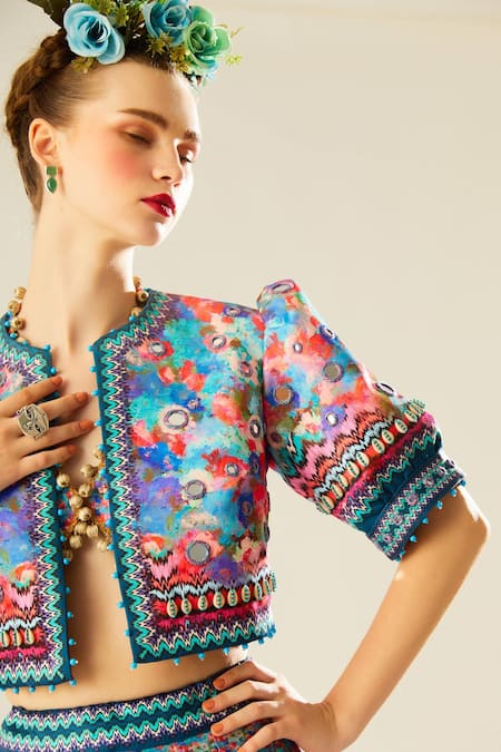 Rajdeep Ranawat_Blue Satin, Denim Mirrors, Beads Leela Floral Print Lehenga Set With Jacket_at_Aza_Fashions