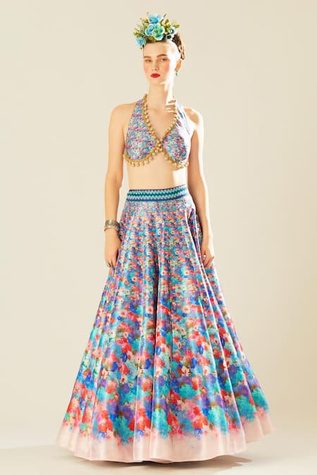 Buy_Rajdeep Ranawat_Blue Satin, Denim Mirrors, Beads Leela Floral Print Lehenga Set With Jacket