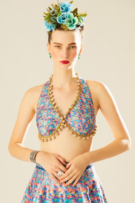 Shop_Rajdeep Ranawat_Blue Satin, Denim Mirrors, Beads Leela Floral Print Lehenga Set With Jacket