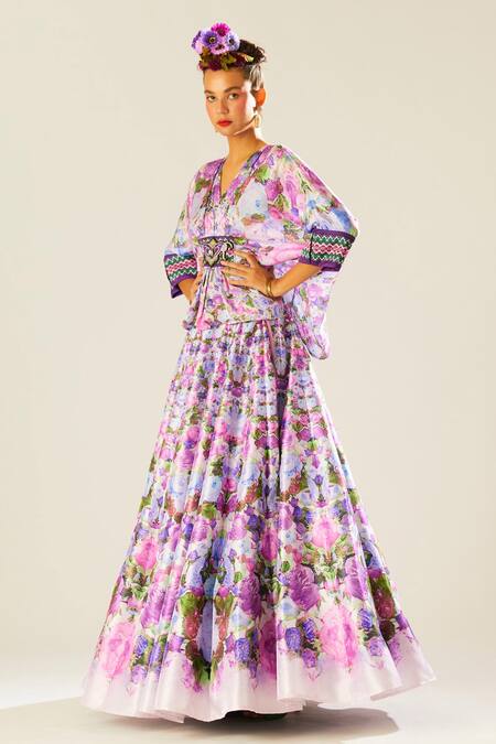 Buy_Rajdeep Ranawat_Purple Dupion Printed Flower V Neck Leela Lehenga And Poncho Set  _Online_at_Aza_Fashions