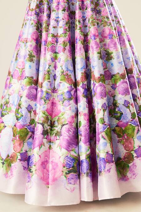 Rajdeep Ranawat_Purple Dupion Printed Flower V Neck Leela Lehenga And Poncho Set  _at_Aza_Fashions