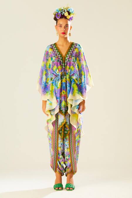 Rajdeep Ranawat_Multi Color Silk Embroidery V-neck Inayat Flower Print Kaftan Top_Online_at_Aza_Fashions