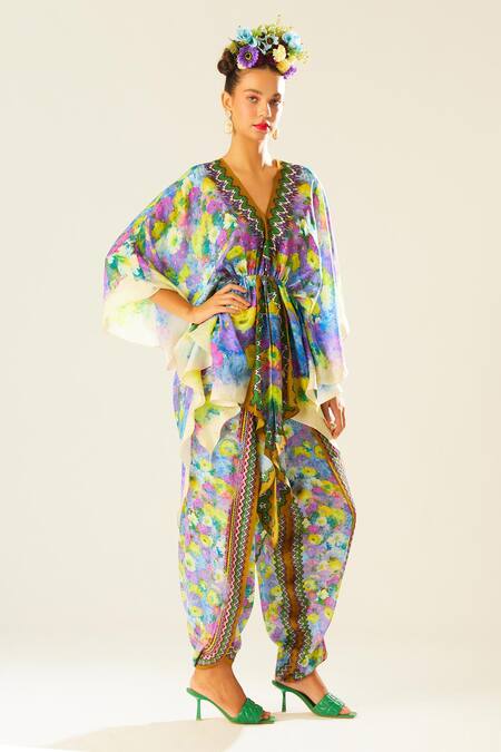 Buy_Rajdeep Ranawat_Multi Color Silk Embroidery V-neck Inayat Flower Print Kaftan Top_Online_at_Aza_Fashions
