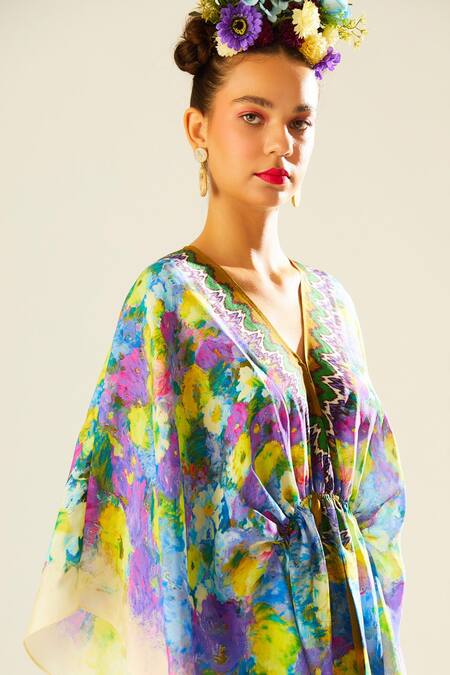 Shop_Rajdeep Ranawat_Multi Color Silk Embroidery V-neck Inayat Flower Print Kaftan Top_Online_at_Aza_Fashions