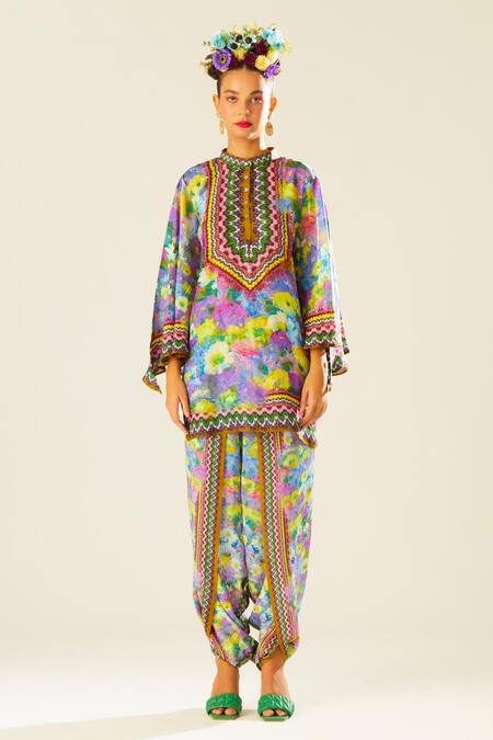 Rajdeep Ranawat_Multi Color Silk Embroidery Bandeau Neck Nylla Floral Pattern Short Tunic_Online_at_Aza_Fashions