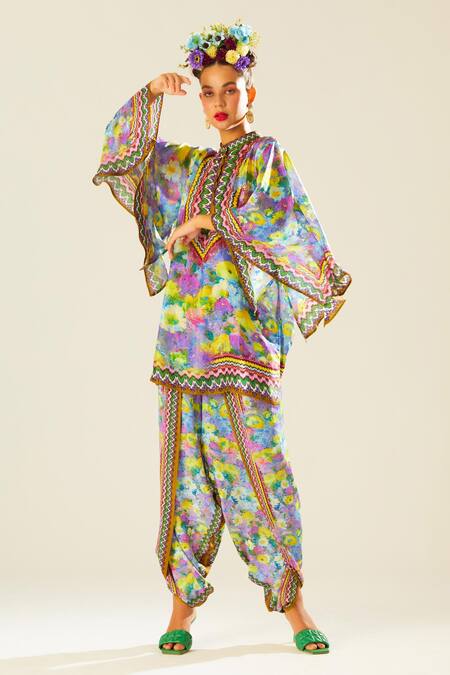 Buy_Rajdeep Ranawat_Multi Color Silk Embroidery Bandeau Neck Nylla Floral Pattern Short Tunic_Online_at_Aza_Fashions