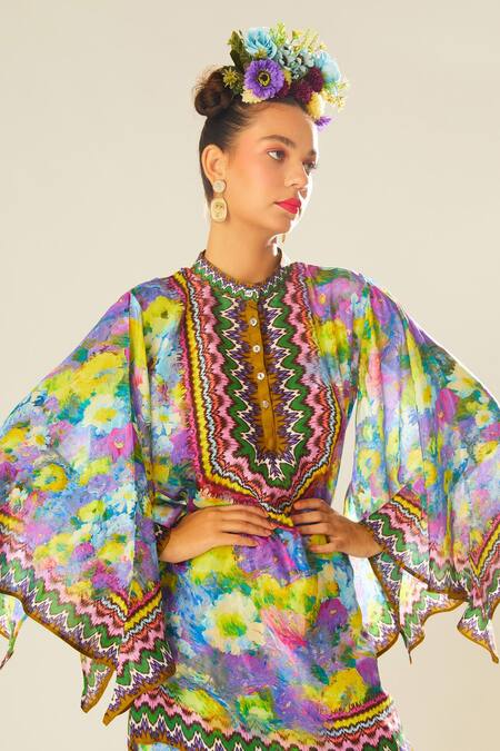 Shop_Rajdeep Ranawat_Multi Color Silk Embroidery Bandeau Neck Nylla Floral Pattern Short Tunic_Online_at_Aza_Fashions