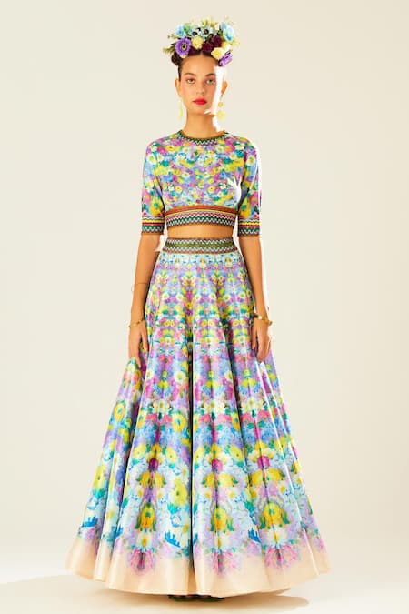 Rajdeep Ranawat_Multi Color Silk, Lycra, Kota Doria, Leela Flower Print Bridal Lehenga Set_Online_at_Aza_Fashions