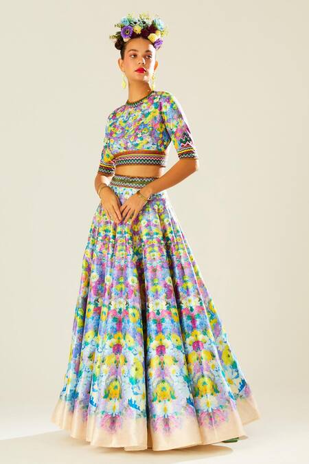 Buy_Rajdeep Ranawat_Multi Color Silk, Lycra, Kota Doria, Leela Flower Print Bridal Lehenga Set_Online_at_Aza_Fashions
