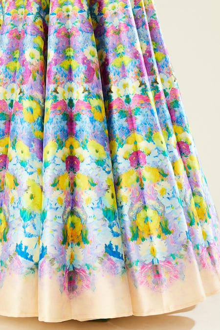 Shop_Rajdeep Ranawat_Multi Color Silk, Lycra, Kota Doria, Leela Flower Print Bridal Lehenga Set_Online_at_Aza_Fashions