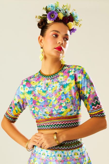 Rajdeep Ranawat_Multi Color Silk, Lycra, Kota Doria, Leela Flower Print Bridal Lehenga Set_at_Aza_Fashions