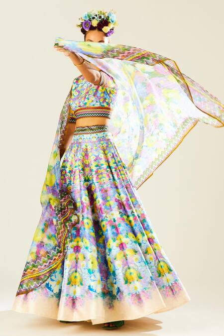 Buy_Rajdeep Ranawat_Multi Color Silk, Lycra, Kota Doria, Leela Flower Print Bridal Lehenga Set