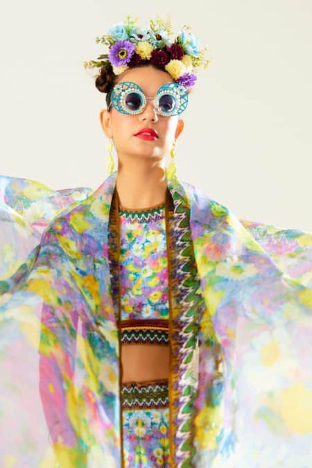 Shop_Rajdeep Ranawat_Multi Color Silk, Lycra, Kota Doria, Leela Flower Print Bridal Lehenga Set