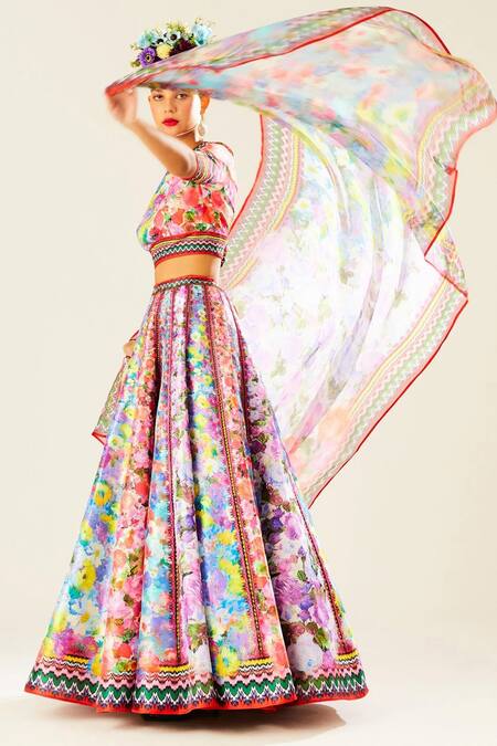 Rajdeep Ranawat Multi Color Silk, Lycra, Kota Doria, Chanderi Leela Floral Print Lehenga Set Online at Aza Fashions Rajdeep Ranawat_Multi Color Silk, Lycra, Kota Doria, Chanderi Leela Floral Print Lehenga Set_Online_at_Aza_Fashions