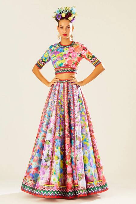 Shop Rajdeep Ranawat Multi Color Silk, Lycra, Kota Doria, Chanderi Leela Floral Print Lehenga Set Online at Aza Fashions Shop_Rajdeep Ranawat_Multi Color Silk, Lycra, Kota Doria, Chanderi Leela Floral Print Lehenga Set_Online_at_Aza_Fashions