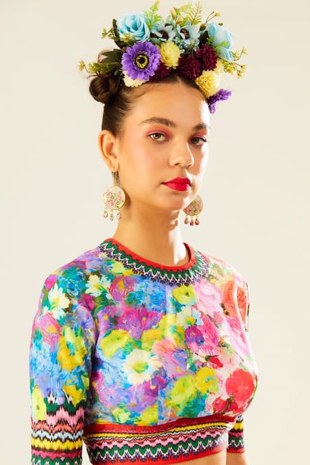 Buy Rajdeep Ranawat Multi Color Silk, Lycra, Kota Doria, Chanderi Leela Floral Print Lehenga Set Buy_Rajdeep Ranawat_Multi Color Silk, Lycra, Kota Doria, Chanderi Leela Floral Print Lehenga Set