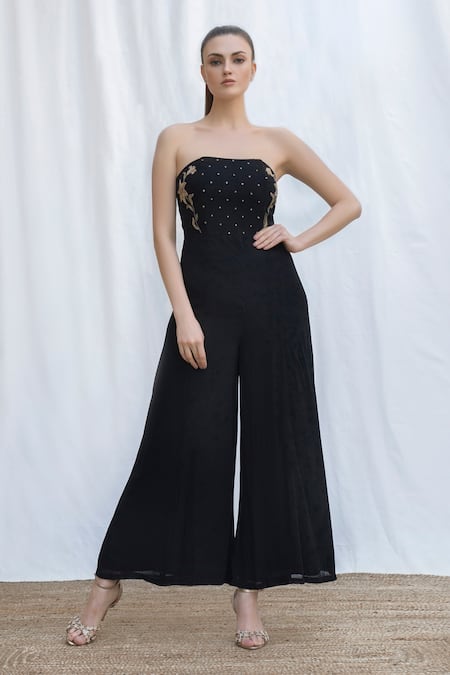 Amrta By Guneet Kondal Black Viscose Sequins, Beads Bandeau Neck Bodice Embroidered Jumpsuit Online at Aza Fashions Amrta By Guneet Kondal_Black Viscose Sequins, Beads Bandeau Neck Bodice Embroidered Jumpsuit _Online_at_Aza_Fashions