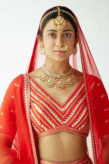 Priyal Prakash_Red Silk, Organza, Net Sequins, Zari Chevron Embroidered Bridal Lehenga Set _Online_at_Aza_Fashions