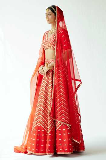 Buy_Priyal Prakash_Red Silk, Organza, Net Sequins, Zari Chevron Embroidered Bridal Lehenga Set _Online_at_Aza_Fashions