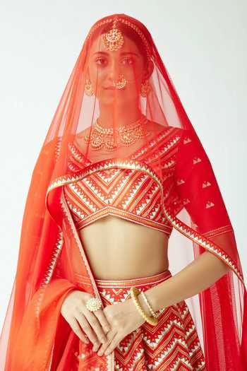 Shop_Priyal Prakash_Red Silk, Organza, Net Sequins, Zari Chevron Embroidered Bridal Lehenga Set _Online_at_Aza_Fashions