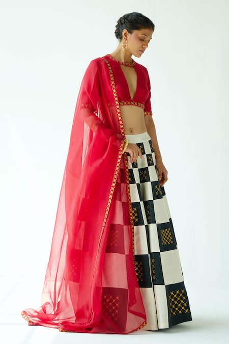 Buy_Priyal Prakash_Multi Color Organza, Sequins, Zari, Chess Board Pattern Lehenga Set _Online_at_Aza_Fashions
