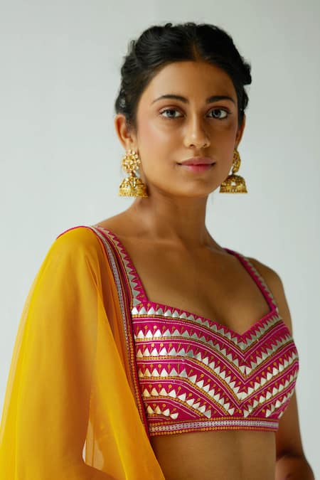 Shop Priyal Prakash Pink Silk, Net Zari, Sequins Sweetheart Neck Embroidered Panelled Lehenga Set Online at Aza Fashions Shop_Priyal Prakash_Pink Silk, Net Zari, Sequins Sweetheart Neck Embroidered Panelled Lehenga Set _Online_at_Aza_Fashions