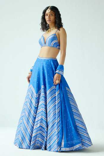 Shop_Priyal Prakash_Blue Silk, Net Zari, Sequins Plunge Neck Chevron Embroidered Lehenga Set _Online_at_Aza_Fashions