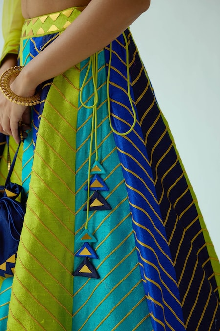 Priyal Prakash Blue Silk, Net Zari, Sequins Round Neck Chevron Pattern Panelled Lehenga Set Online at Aza Fashions Priyal Prakash_Blue Silk, Net Zari, Sequins Round Neck Chevron Pattern Panelled Lehenga Set _Online_at_Aza_Fashions