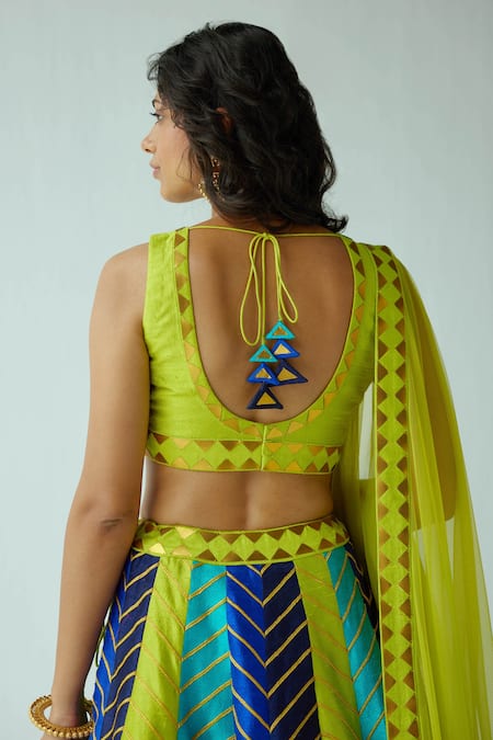 Buy Priyal Prakash Blue Silk, Net Zari, Sequins Round Neck Chevron Pattern Panelled Lehenga Set Online at Aza Fashions Buy_Priyal Prakash_Blue Silk, Net Zari, Sequins Round Neck Chevron Pattern Panelled Lehenga Set _Online_at_Aza_Fashions