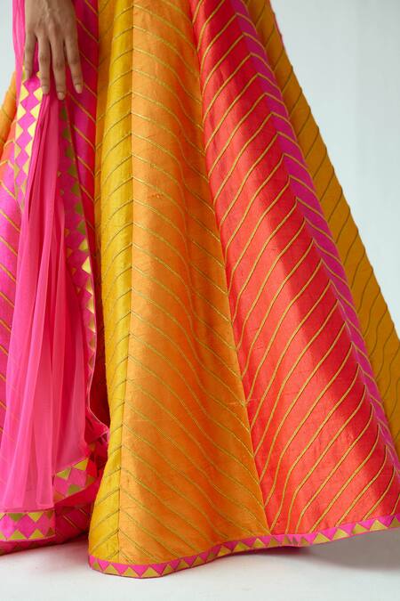 Priyal Prakash_Blue Silk, Net Sequins, Zari V-neck Chevron Pattern Embroidered Lehenga Set _Online_at_Aza_Fashions