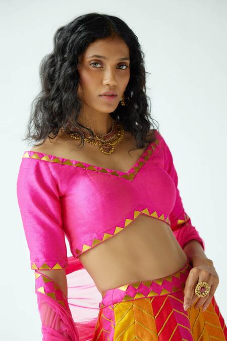 Buy_Priyal Prakash_Blue Silk, Net Sequins, Zari V-neck Chevron Pattern Embroidered Lehenga Set _Online_at_Aza_Fashions